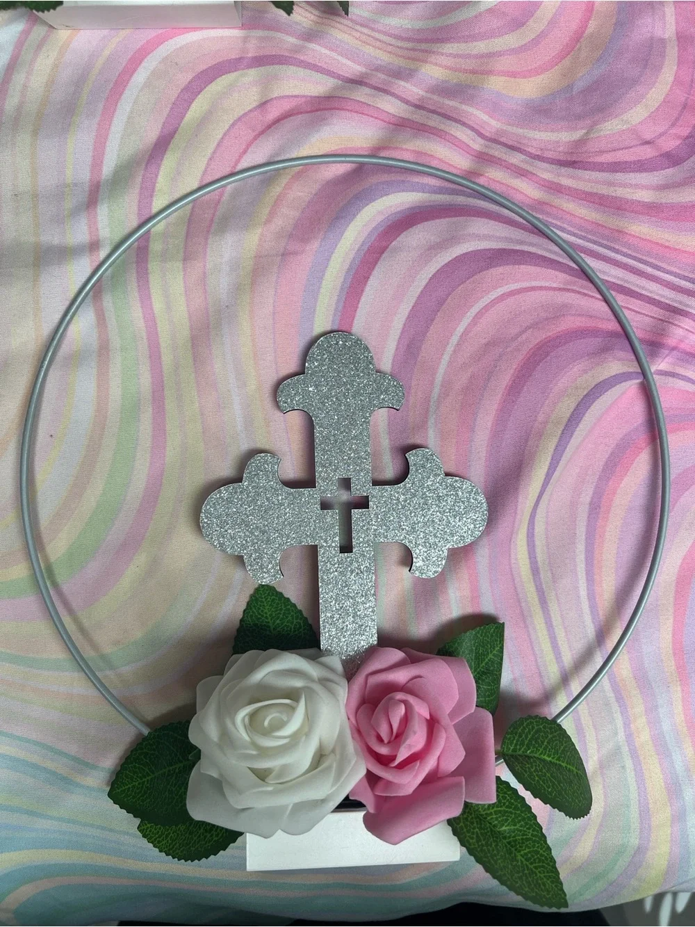 Glitter Cross Hoop Decor with White & Pink Roses